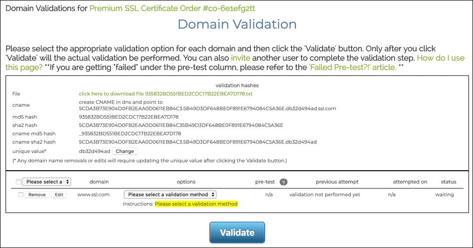 domain validation screen