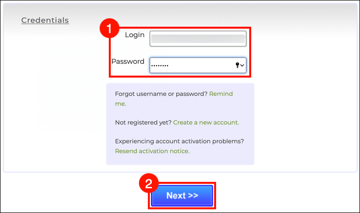 Enter login credentials and click the Next button