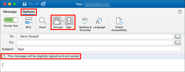 Set signing and encryption options