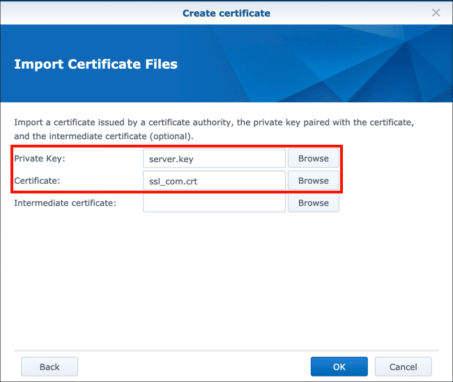 Upload private key and certificate